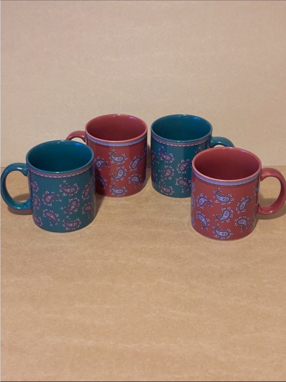 Set of 4 Ceramic Paisley & Bandana Inspired
Coffee Mugs.10 ounces, 4" × 3.25".